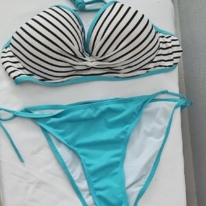 Aqua Turquoise and White Striped Bikini